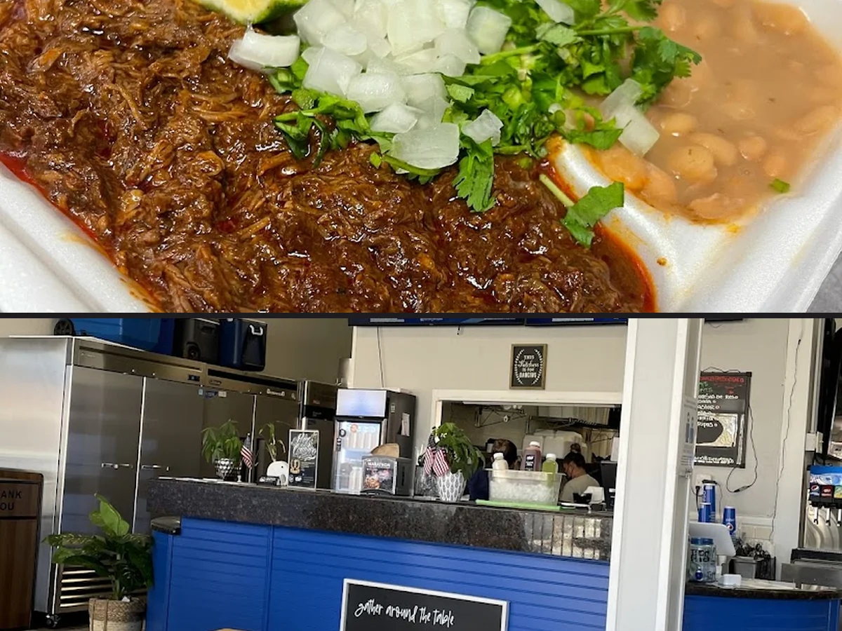 Counter service area with Mexican food signs.
