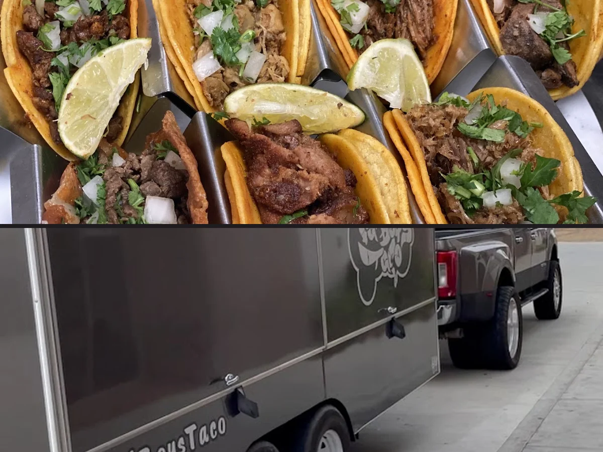 Outdoor seating beside a roadside taqueria.
