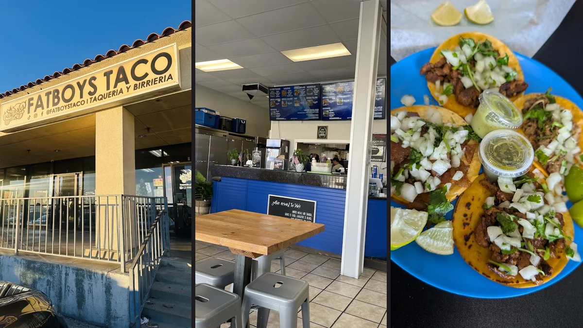 Casual dining tables inside a taco restaurant.